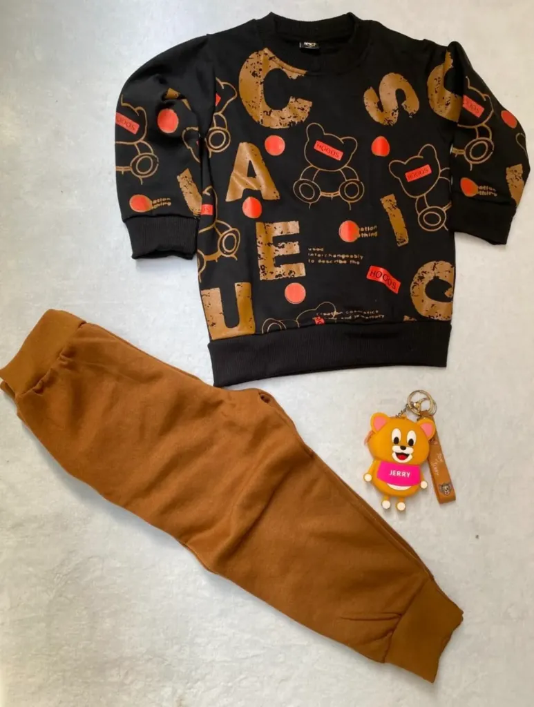 Black & Brown Alphabet Bear Printed Kids Suit For Winter
