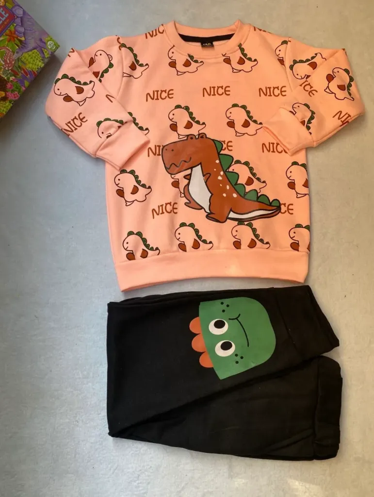 Peach Cute Dino Printed Kids Suit For Winter