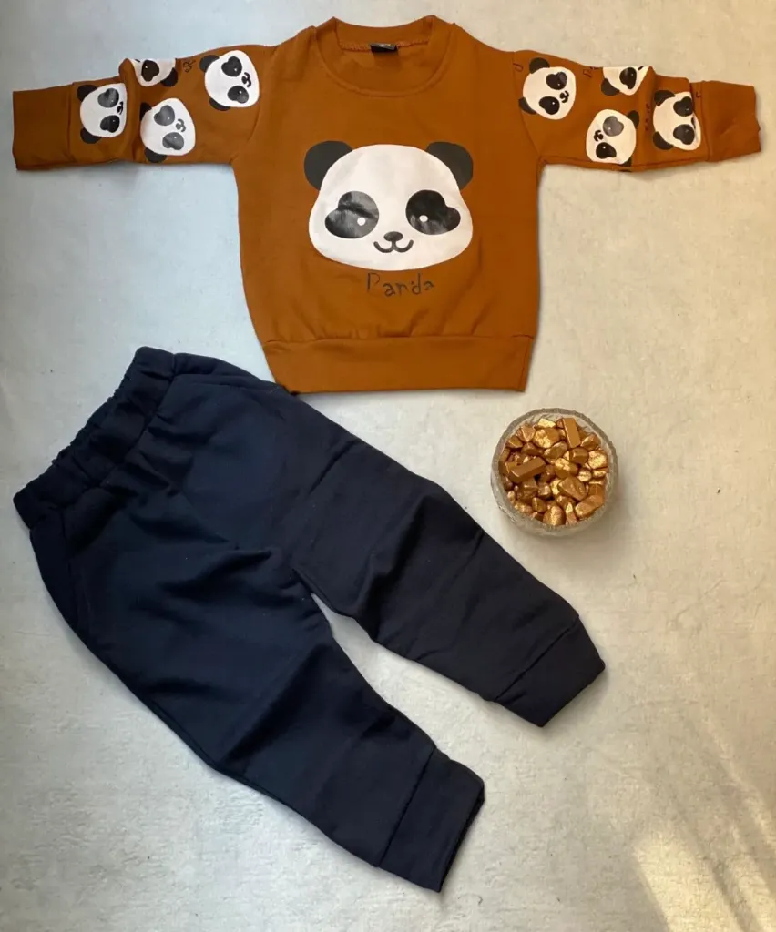 Rust Brown Panda Printed Kids Suit For Winter