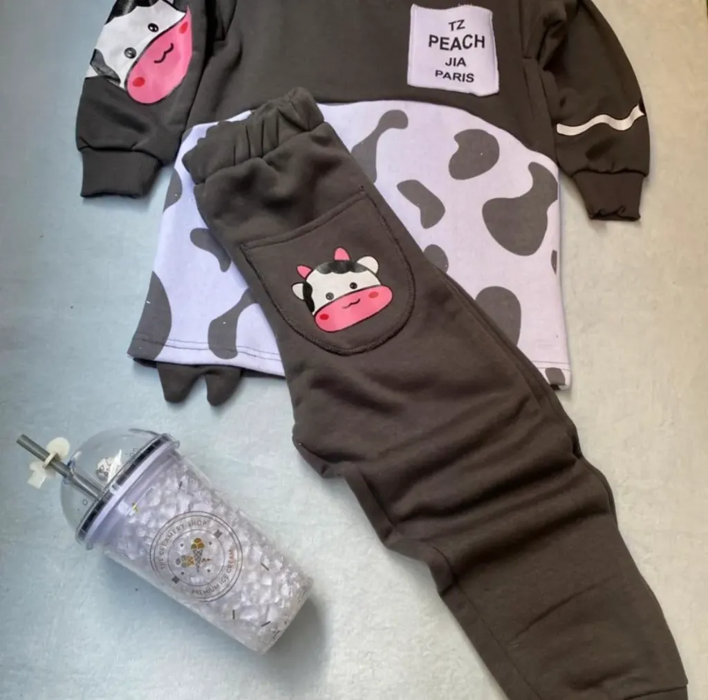 Dark Grey Cute Cow Printed Kids Suit For Winter