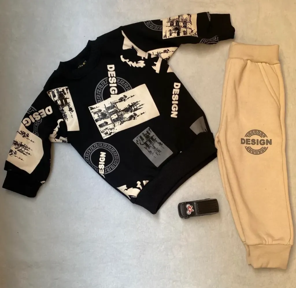 Black & Cream Stylish Design Printed Kids Suit For Winter