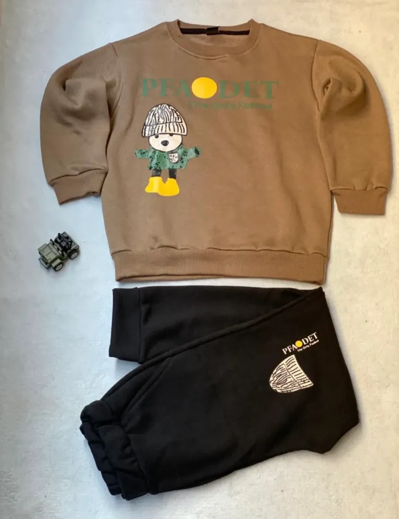 Camel Brown Beanie Character Printed Kids Suit For Winter