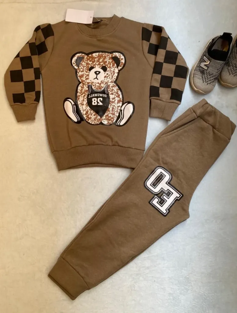 Brown Checkered Sleeve Bear Printed Kids Suit