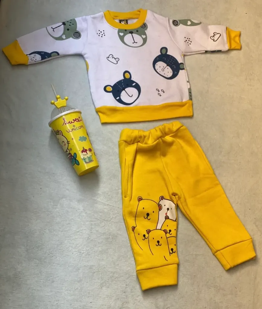White & Yellow Cute Bear Printed Kids Suit For Winter
