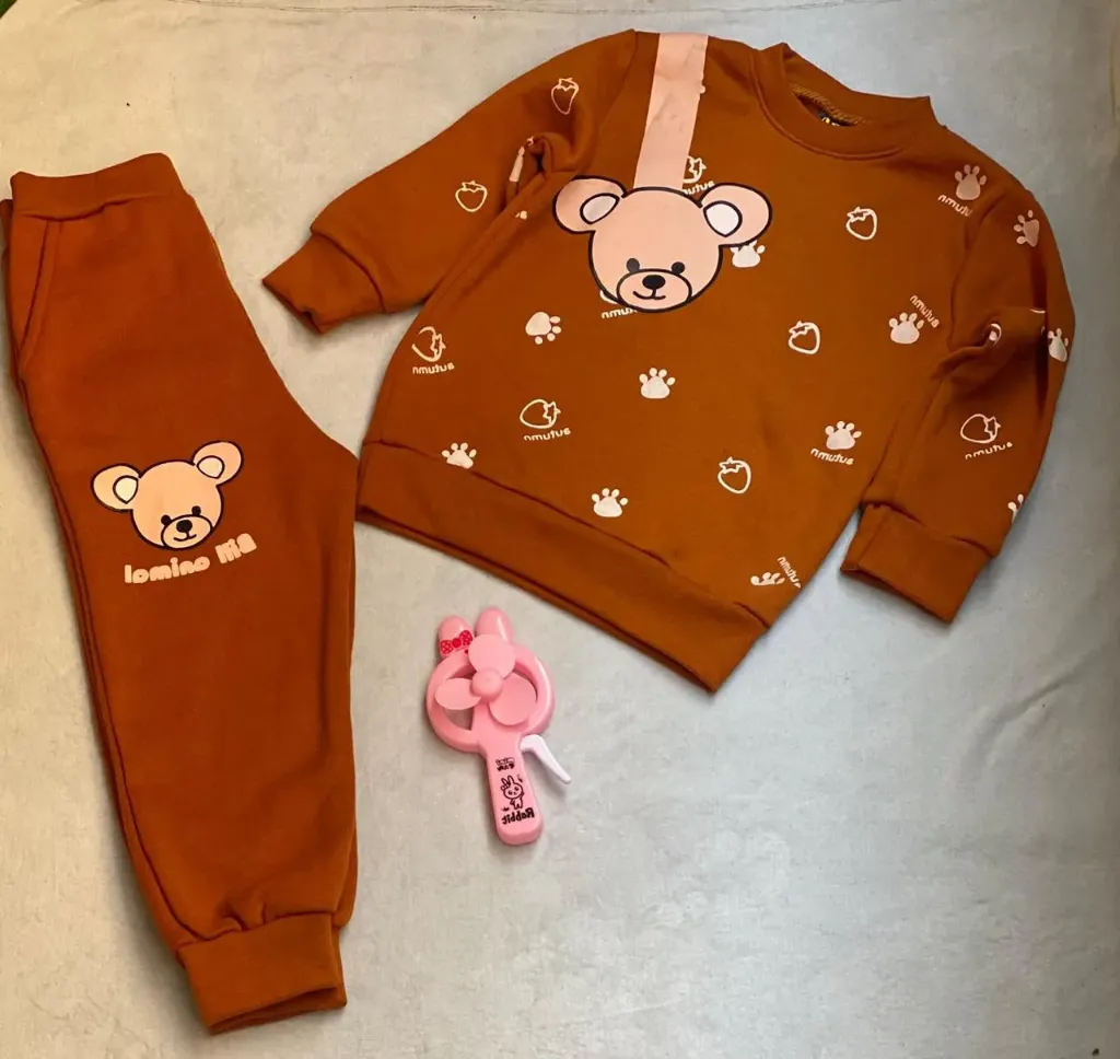 Rust Brown Teddy Bear Printed Kids Suit For Winter