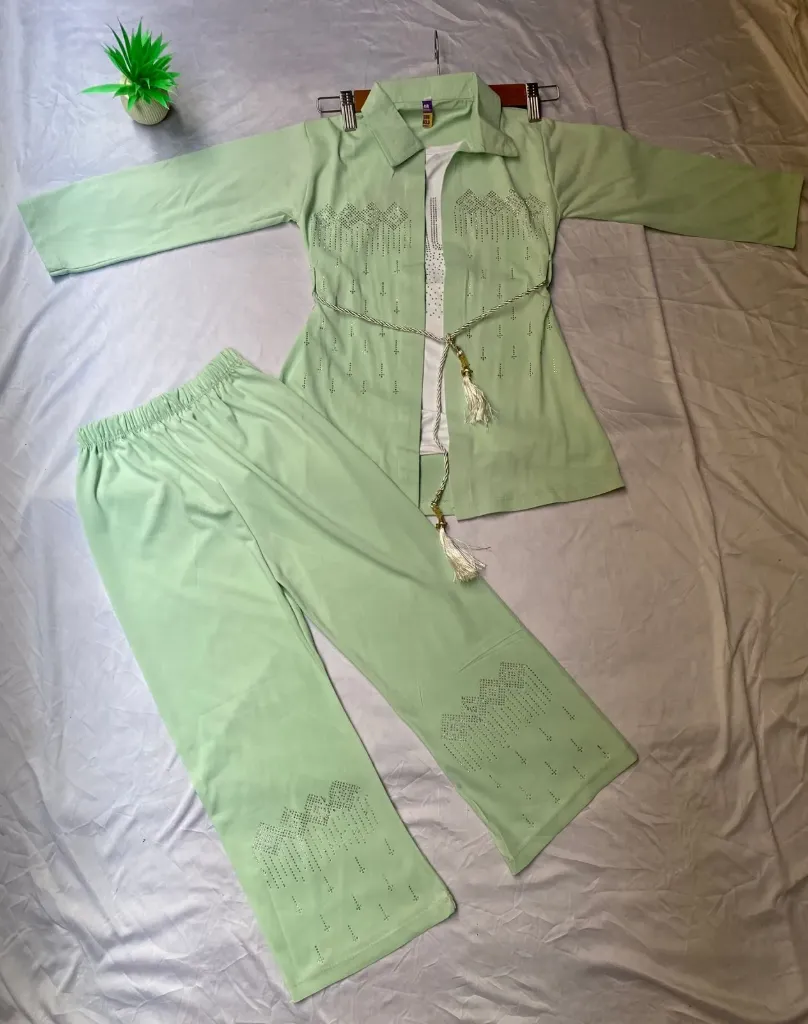 Girls Rhinestone Embellished 3 Piece Suit With Belt Available In Green Blue and Peach