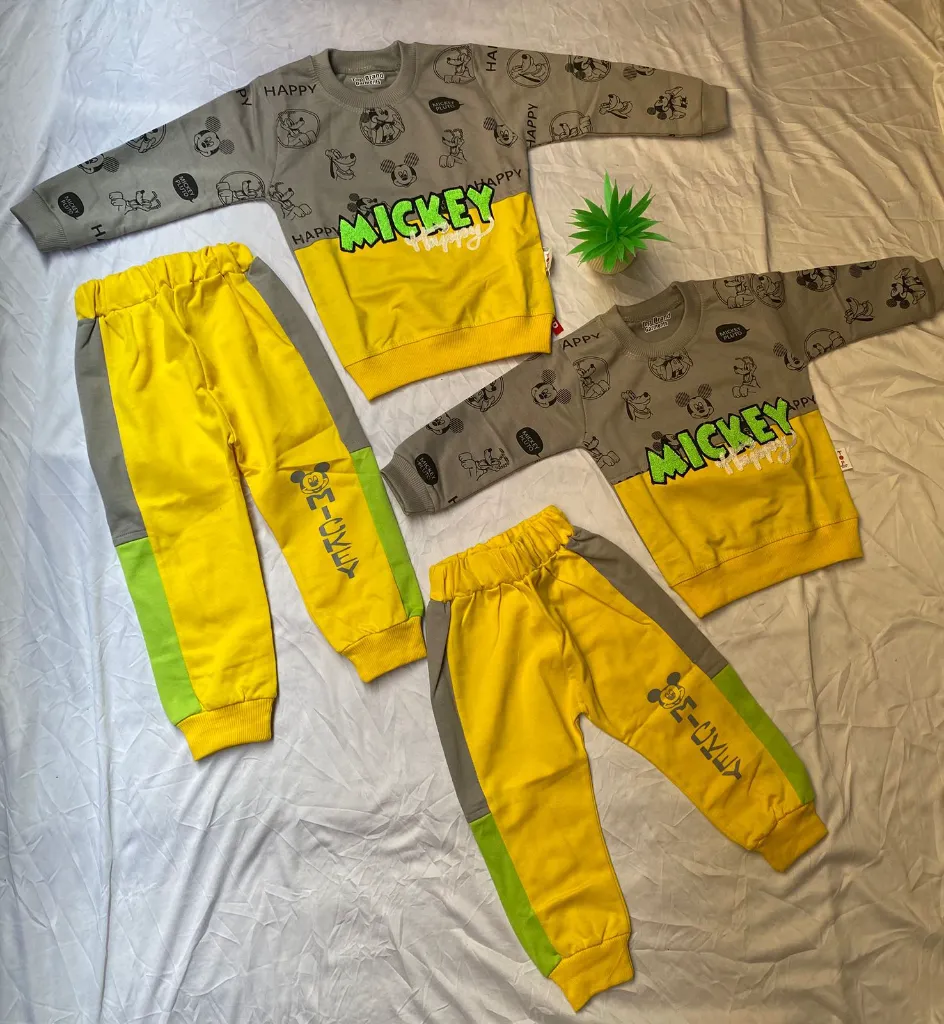Kids Mickey Happy Printed 2 Piece Suit Available In Yellow Orange and Green
