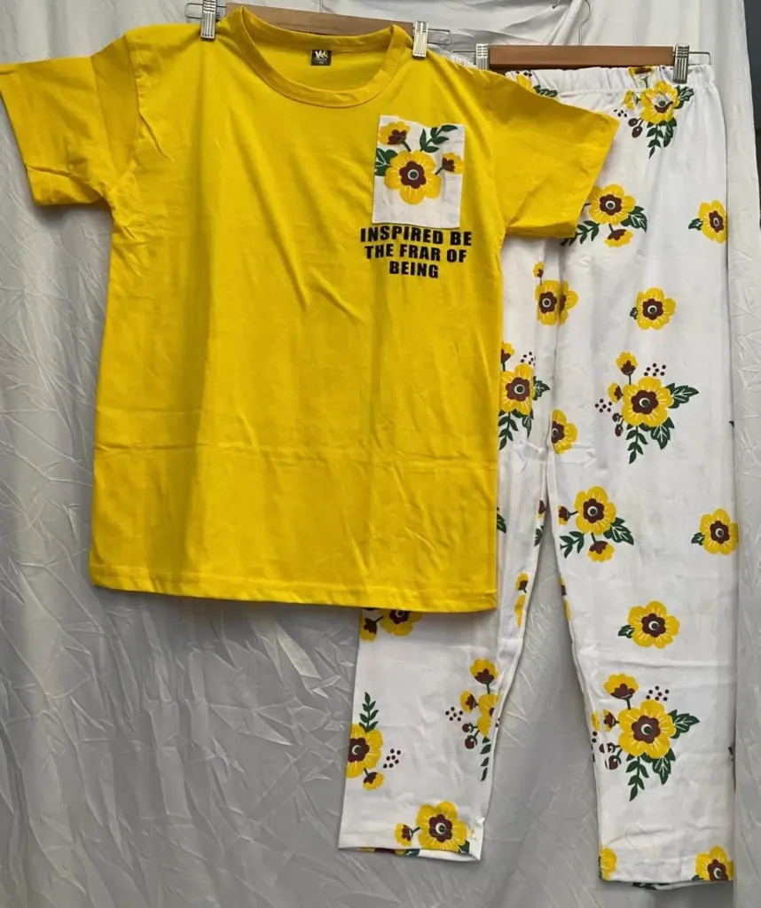 Yellow Floral Printed Night Suit In Cotton Jersey Fabric (M (Chest 20"))