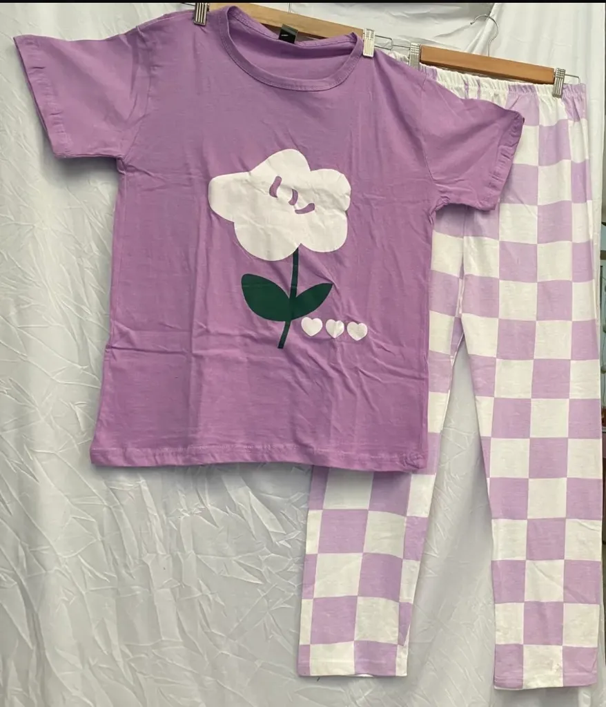 Purple Flower & Checkered Printed Night Suit In Soft Cotton Fabric