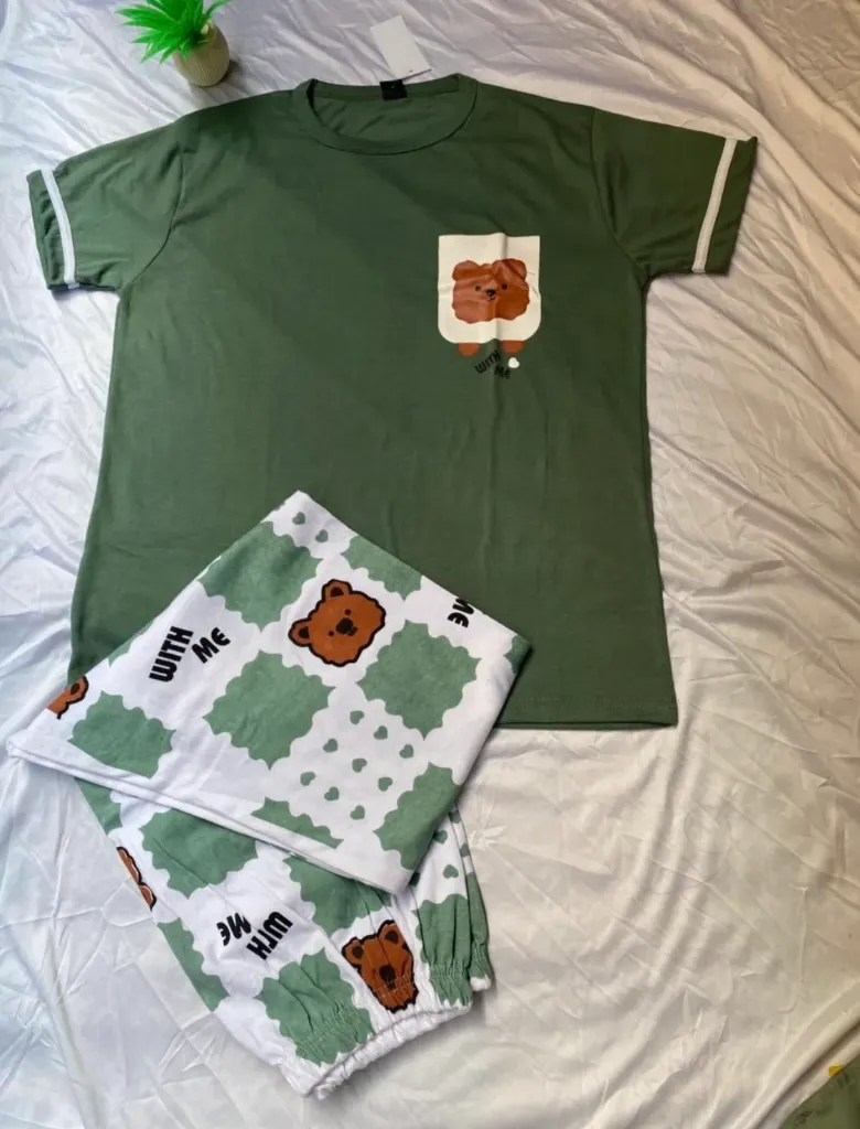 Green Cute Bear Printed Night Suit In Soft Cotton (M (Chest 20"))