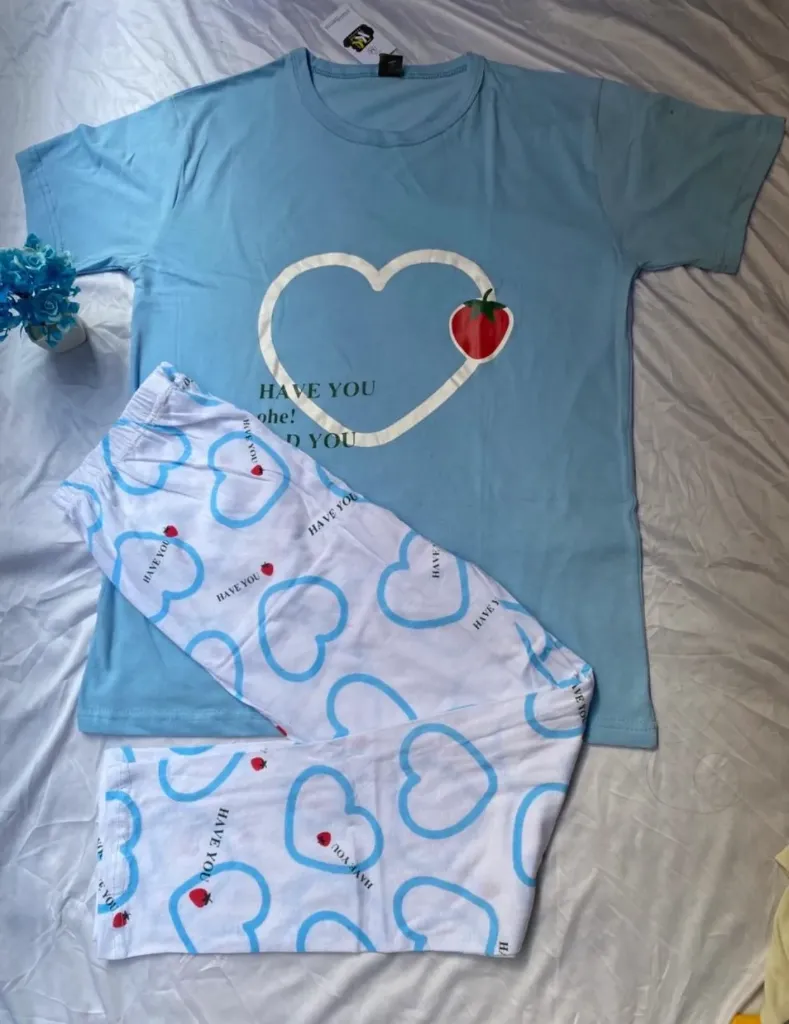 Sky Blue Heart & Strawberry Printed Night Suit
