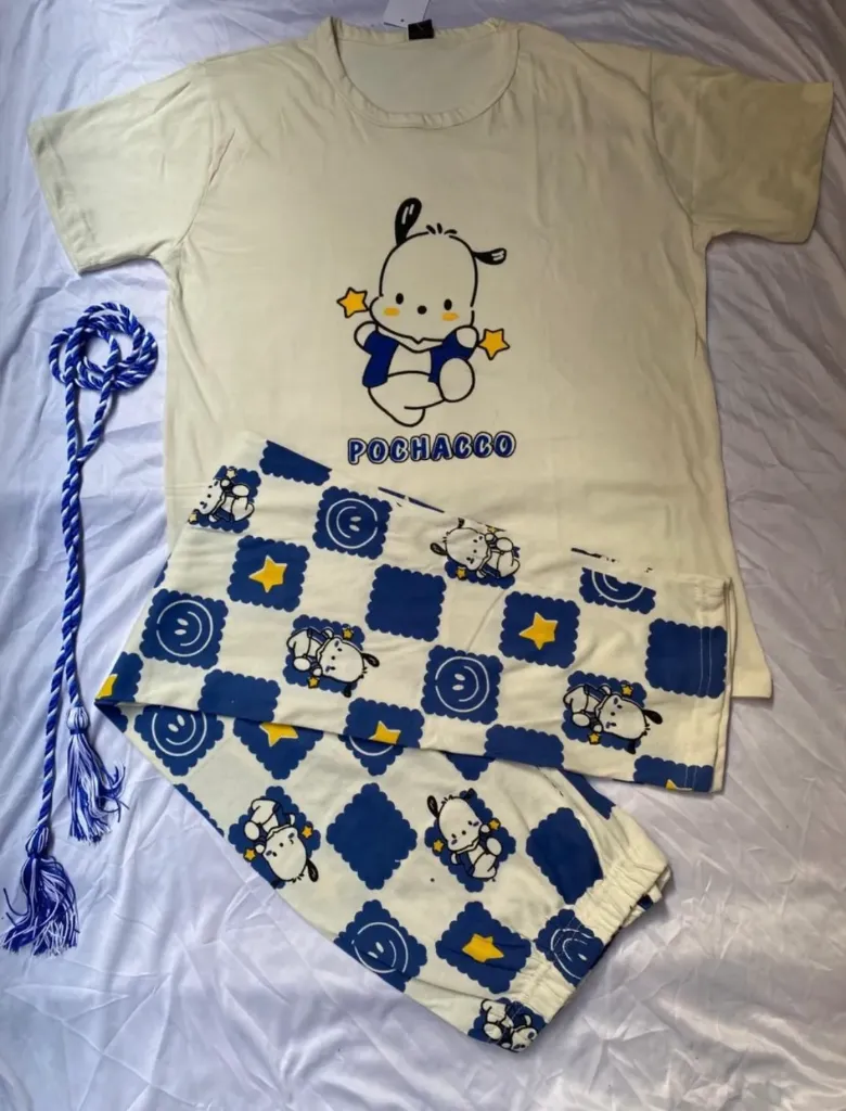 Cream & Blue Pochacco Printed Night Suit In Soft Cotton Fabric (M (Chest 20"))