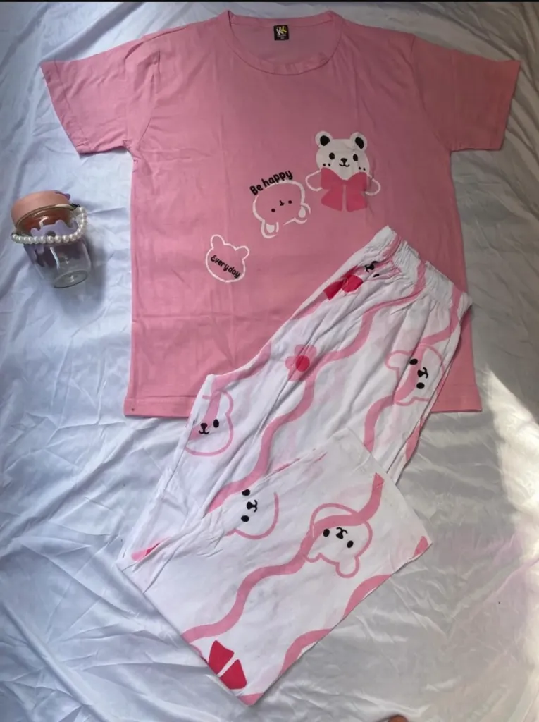 Pink Cute Bear Printed Night Suit In Soft Cotton Fabric