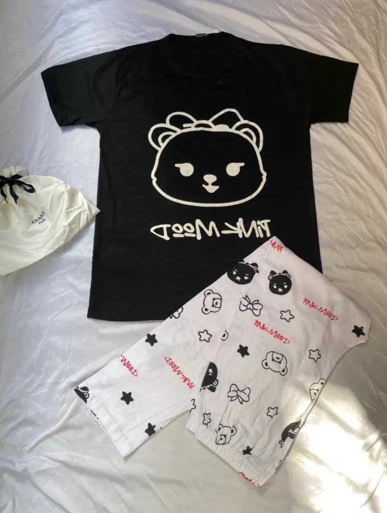 Black Cute Bear Face Printed Night Suit In Soft Cotton Fabric