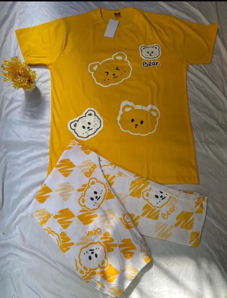 Yellow Cute Bear Printed Night Suit In Soft Cotton Fabric