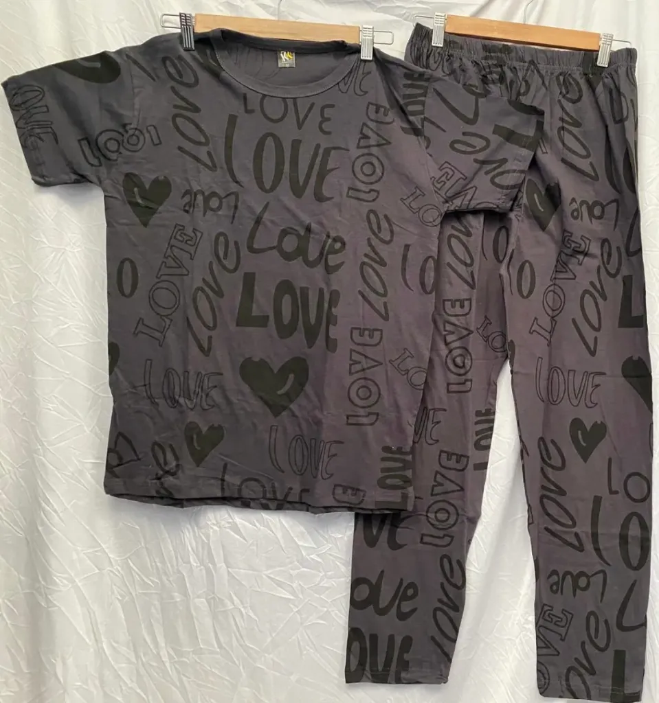 Dark Grey Big Love Printed Night Suit In Cotton Jersey Fabric (M (Chest 20"))